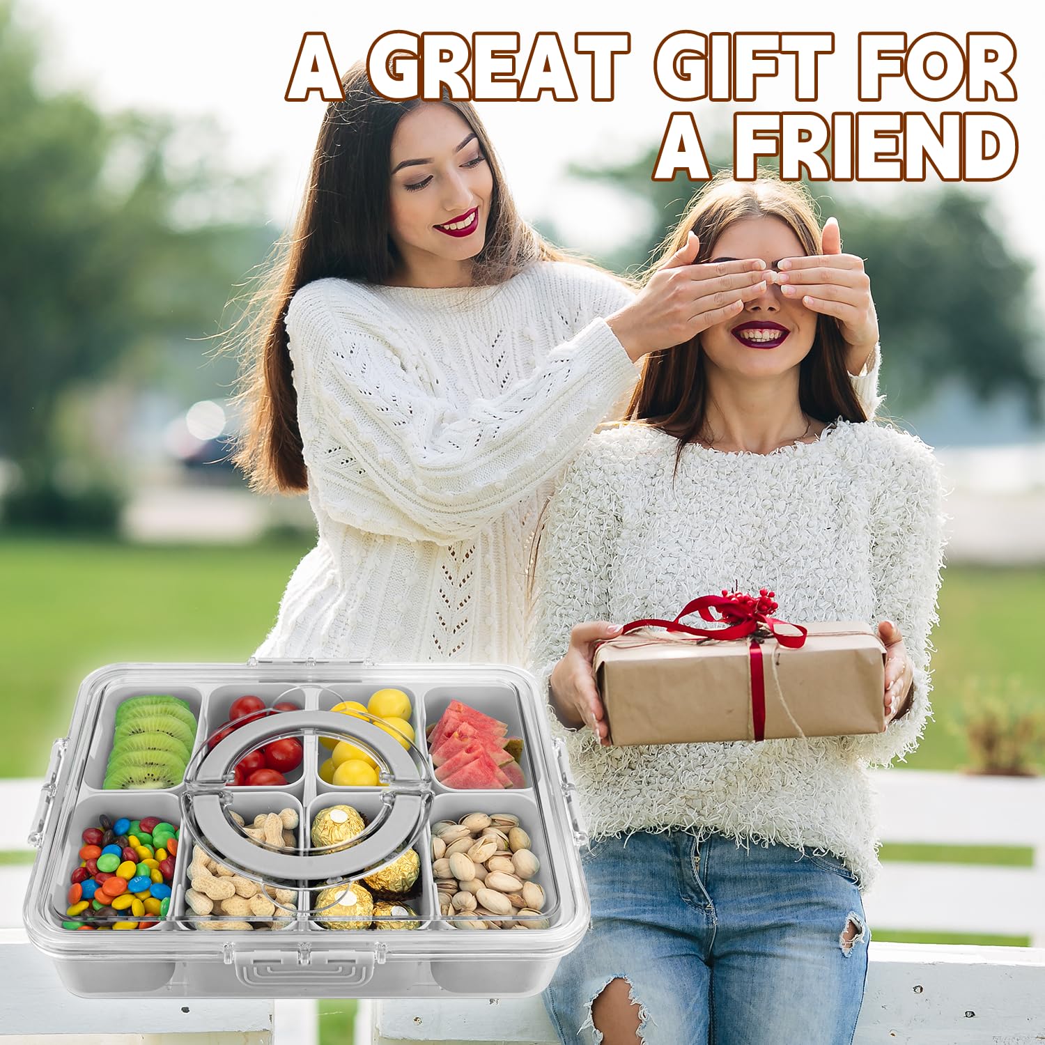 HRXFOZ Divided Serving Tray with Lid and Handle,8 Compartments Snacks Box,Snack Fruit and Veggie Tray,Portable Platter for Candy Fruits Nuts Snack Party Entertaining Picnic (1 PCS)
