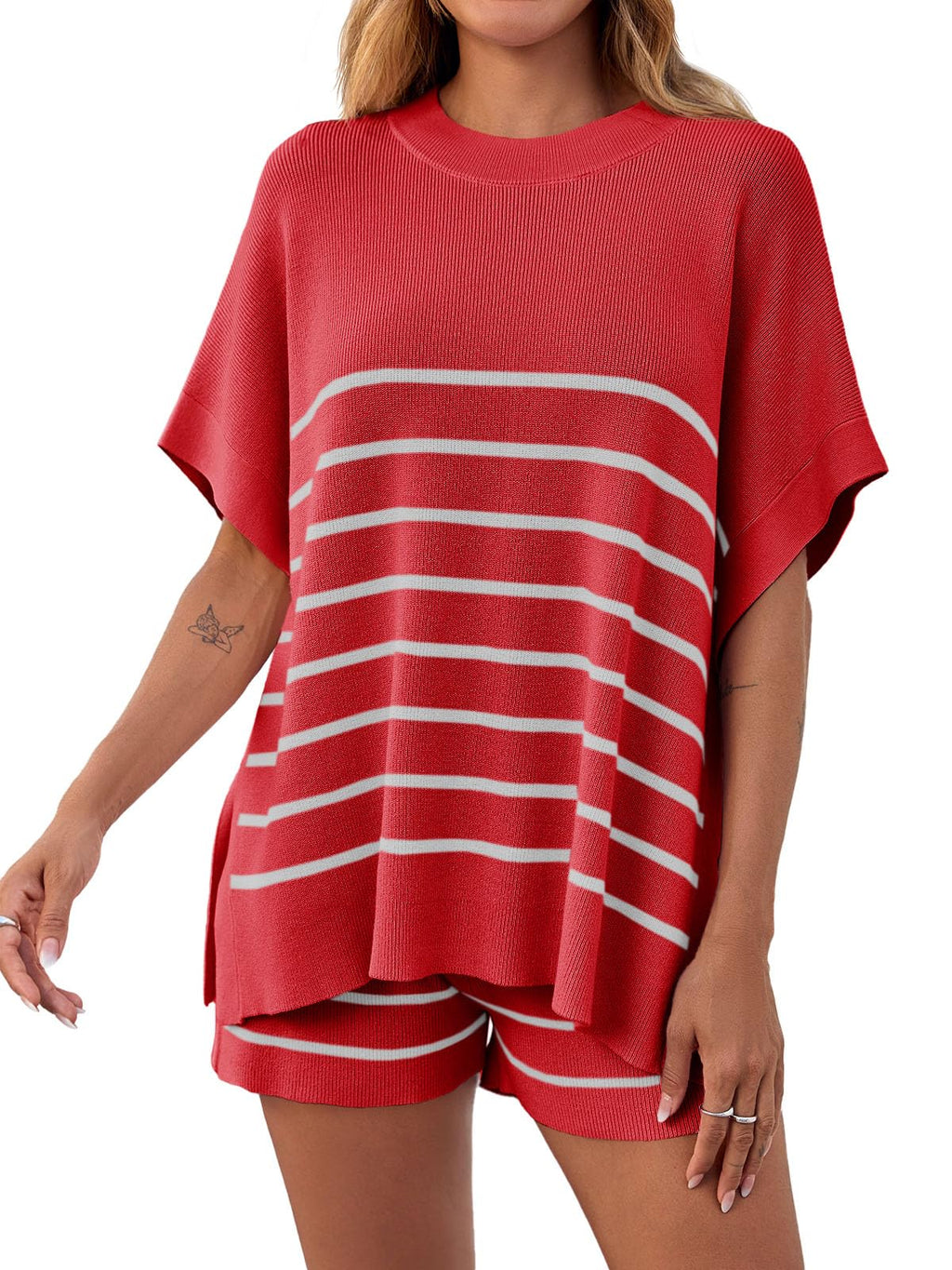 Fisoew Women's Striped 2 Piece Outfits Oversized Batwing Short Sleeve Tops High Waisted Shorts Summer Knit Lounge Short Sets
