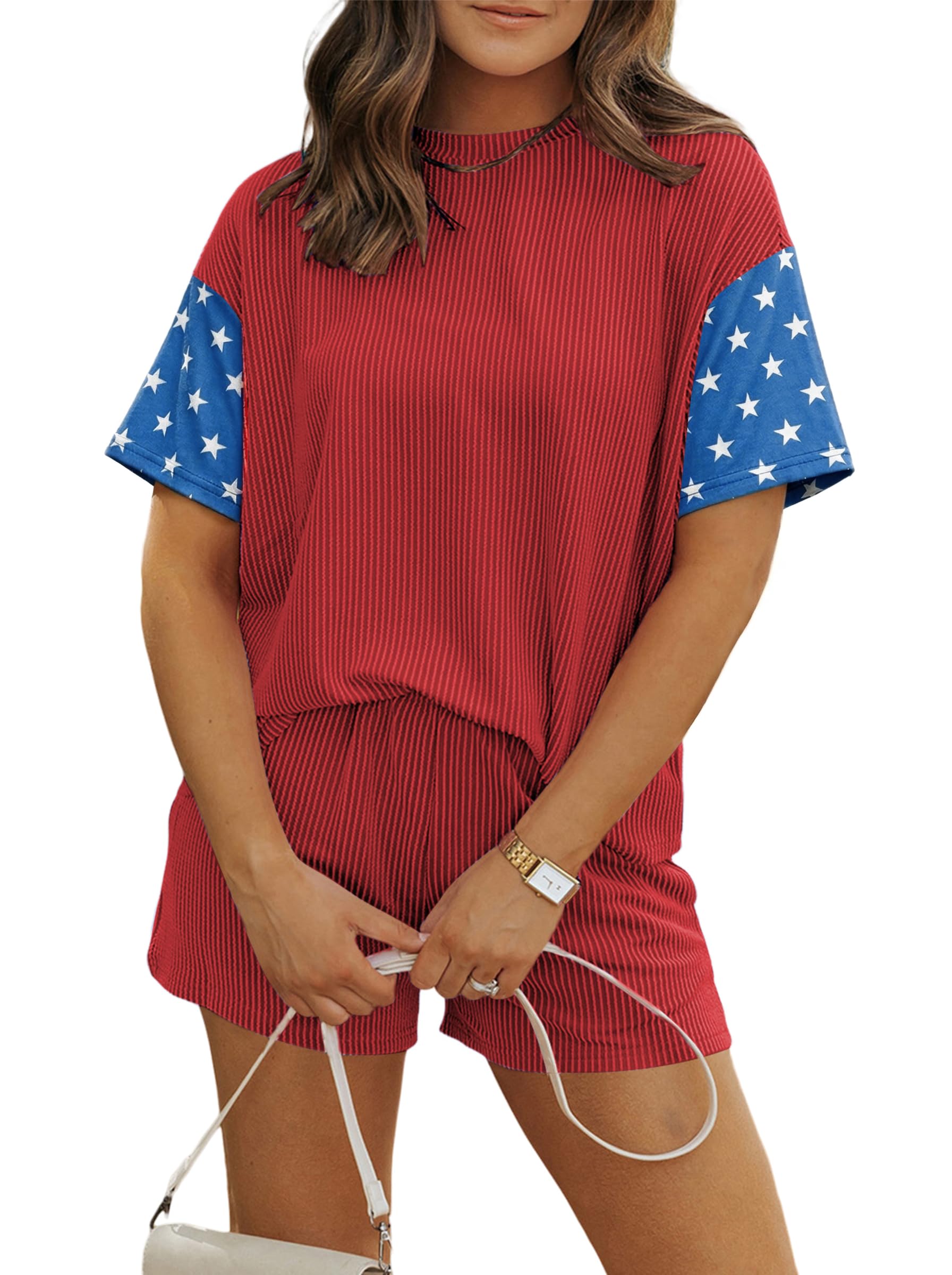 MARZXIN Women 2 Piece Shorts Set 2026 Casual Summer Cruise Outfits Ribbed Loose Short Sleeve Pocket Matching Lounge Sets