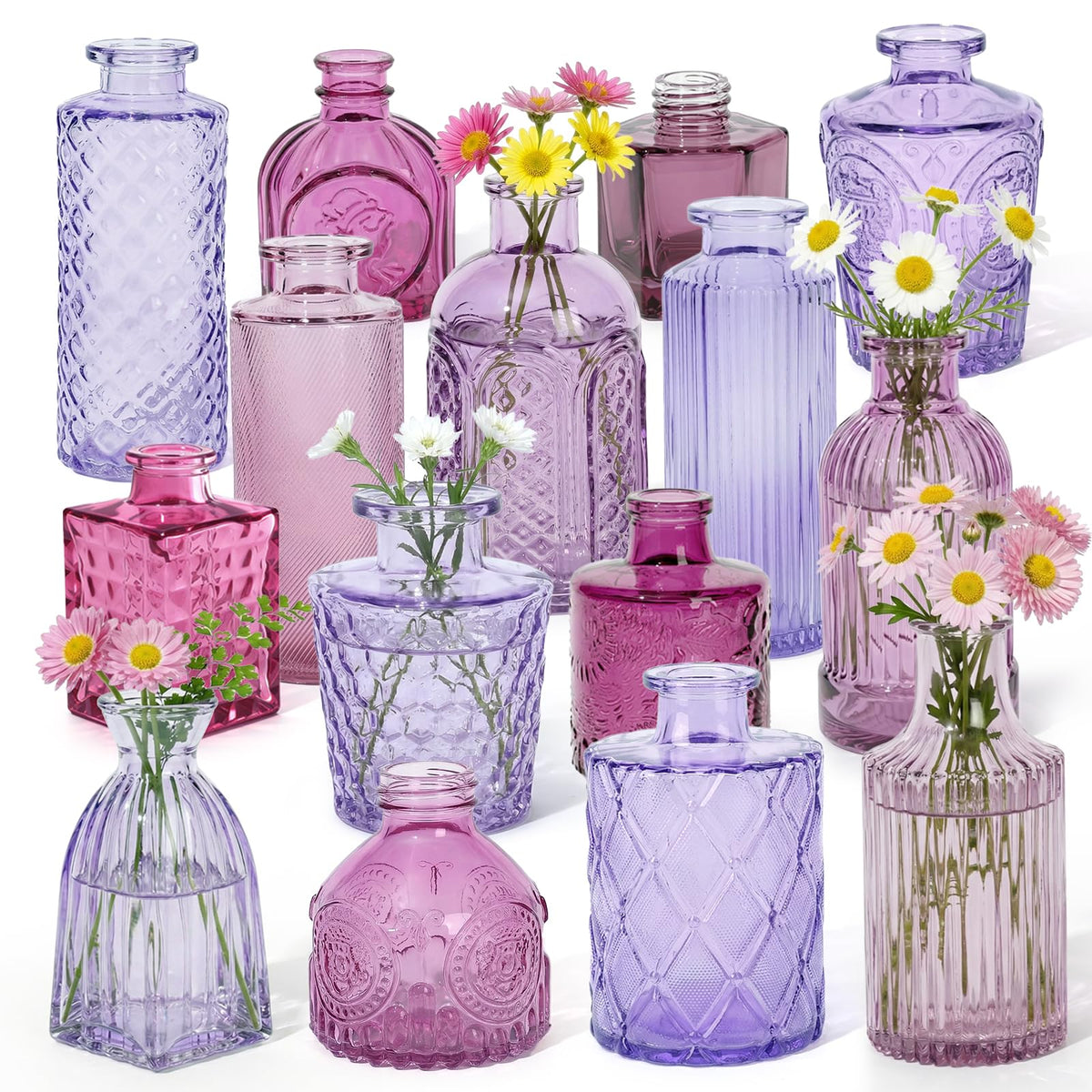 Set of 15 Colorful Glass Bud Vases - Small Textured Flower Vases for Centerpieces, Wedding Table Decor, Retro Home Decor Bulk Vase Set for DIY, Events & Gifts