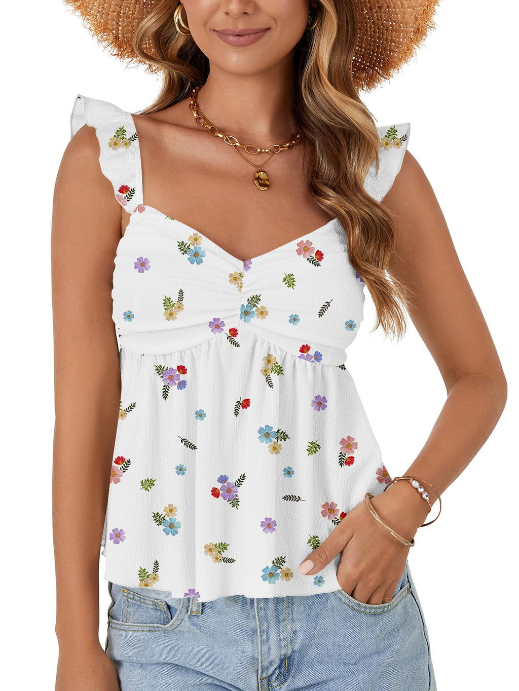 LYANER Women's Babydoll Tank Top Summer Camisole Dressy Casual Ruffle Strap Sleeveless Flowy Hem Peplum Tops