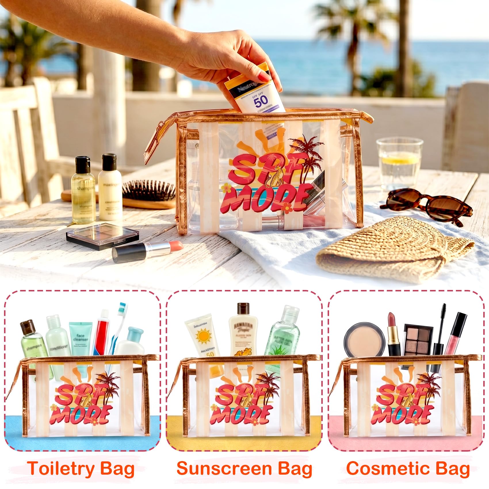 COSHAYSOO Sunscreen Bag Clear Makeup Toiletry Pouch Beach Vacation Essentials for Women Teen Girls Trip Gifts Summer Pool Travel Must Have Accessories Waterproof Stuff