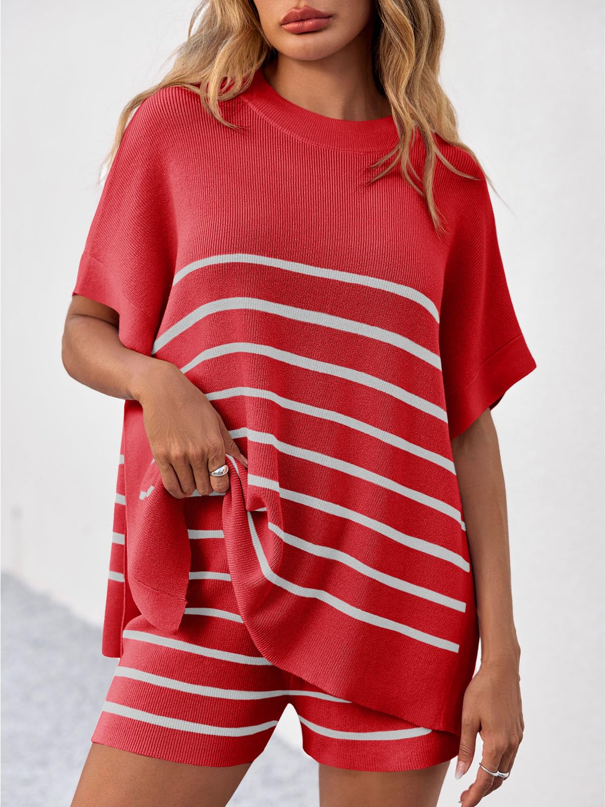 Fisoew Women's Striped 2 Piece Outfits Oversized Batwing Short Sleeve Tops High Waisted Shorts Summer Knit Lounge Short Sets