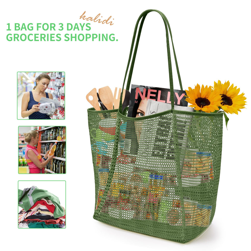 KALIDI Beach Nylon Mesh Tote Bag, Casual Tote Bag Hobo Women Foldable MAX 23L Shoulder Bag For Beach Picnic Vacation