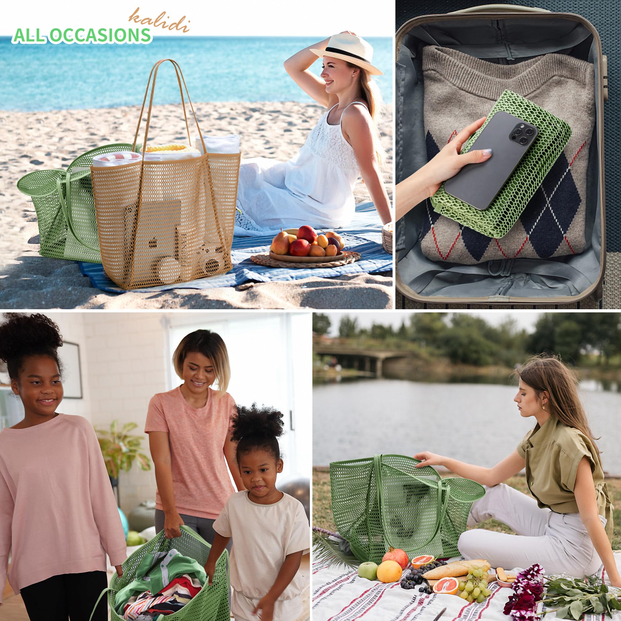 KALIDI Beach Nylon Mesh Tote Bag, Casual Tote Bag Hobo Women Foldable MAX 23L Shoulder Bag For Beach Picnic Vacation