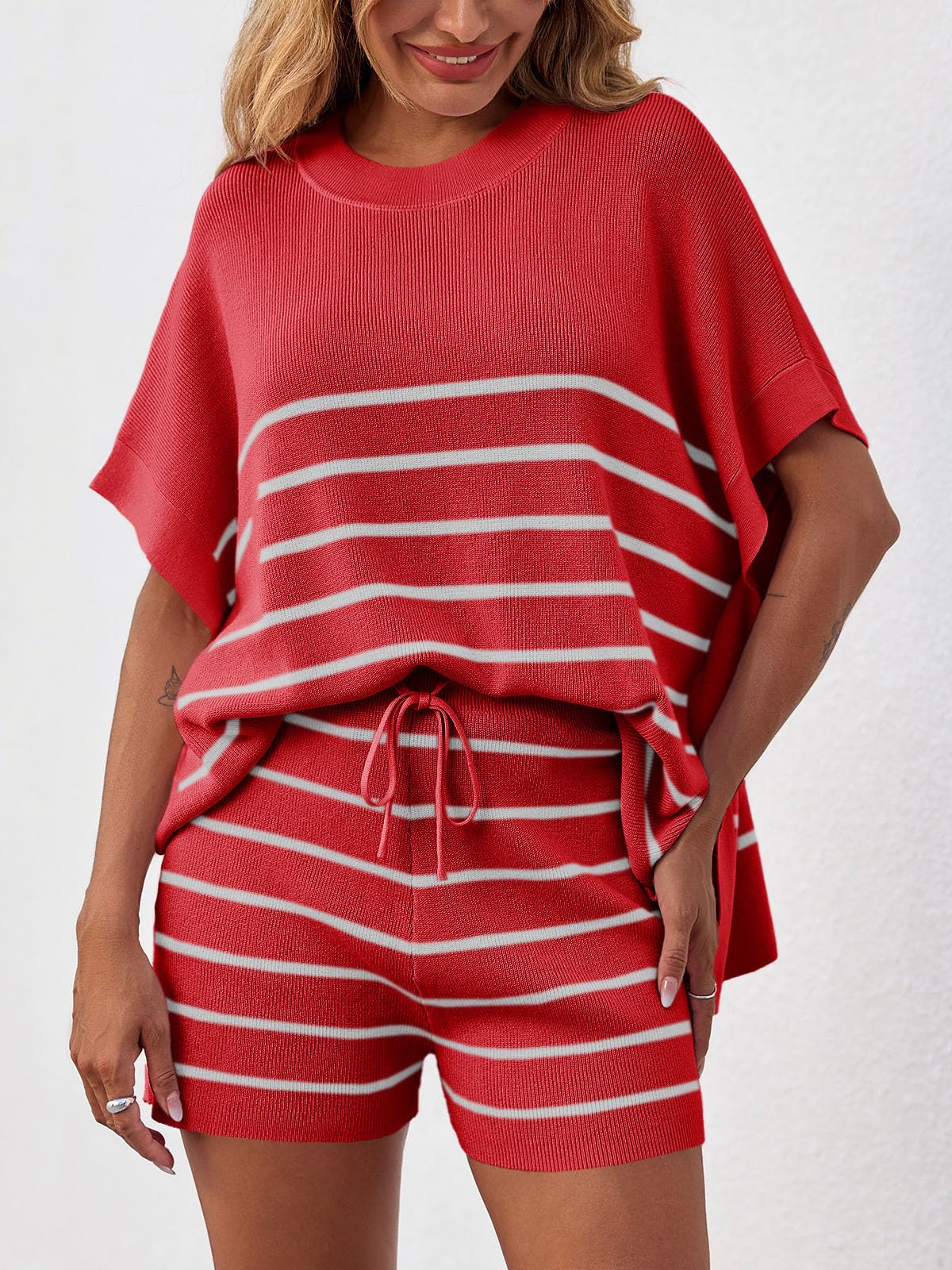 Fisoew Women's Striped 2 Piece Outfits Oversized Batwing Short Sleeve Tops High Waisted Shorts Summer Knit Lounge Short Sets