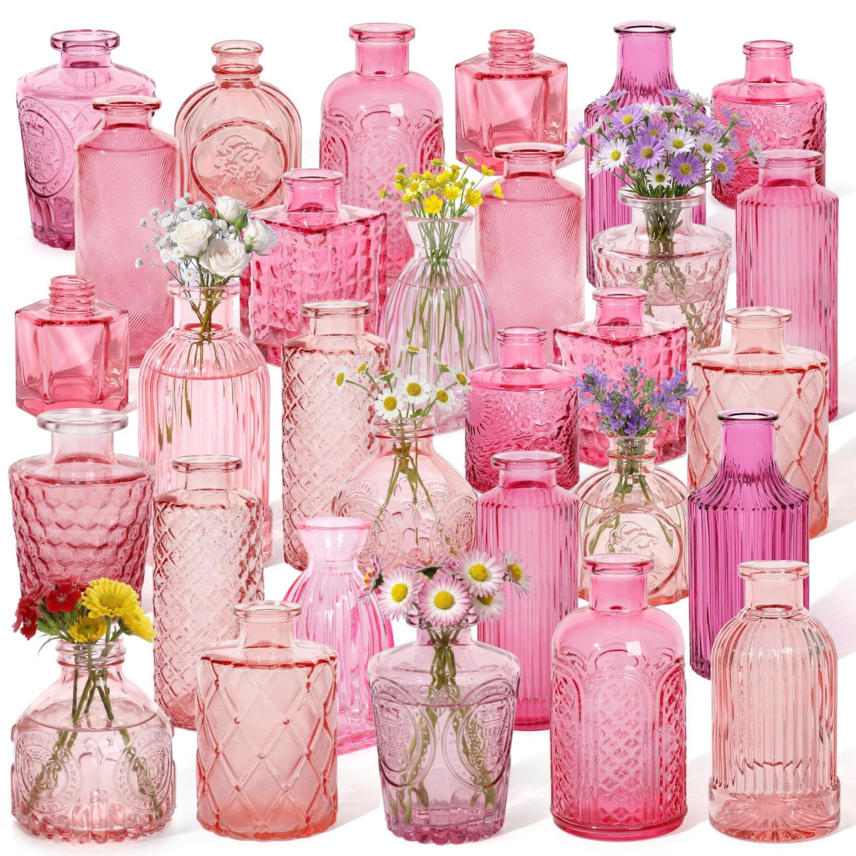Set of 15 Colorful Glass Bud Vases - Small Textured Flower Vases for Centerpieces, Wedding Table Decor, Retro Home Decor Bulk Vase Set for DIY, Events & Gifts