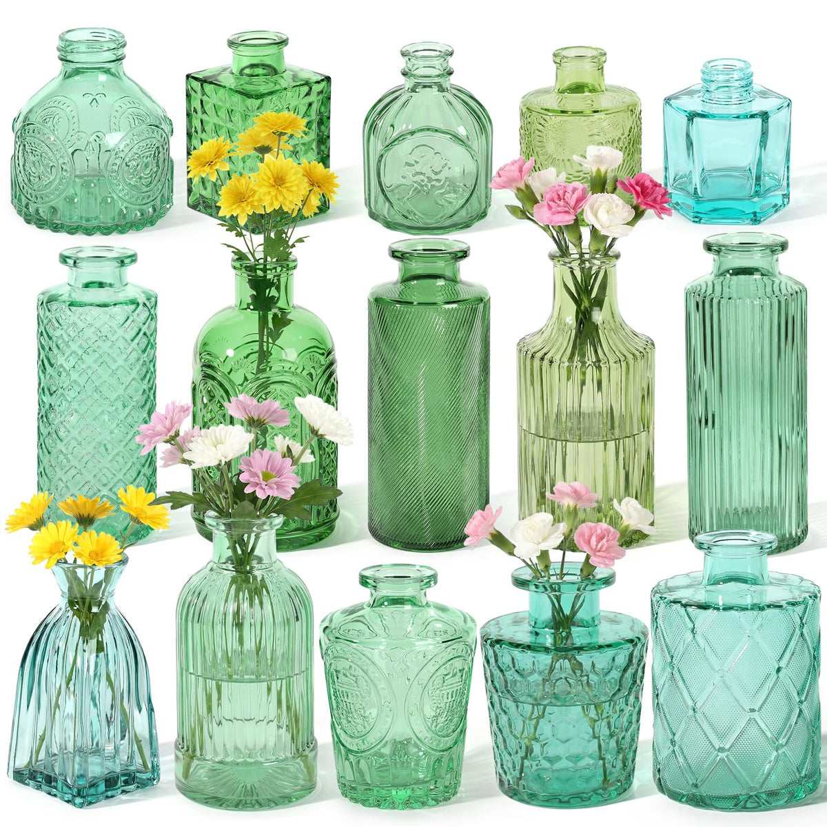 Set of 15 Colorful Glass Bud Vases - Small Textured Flower Vases for Centerpieces, Wedding Table Decor, Retro Home Decor Bulk Vase Set for DIY, Events & Gifts