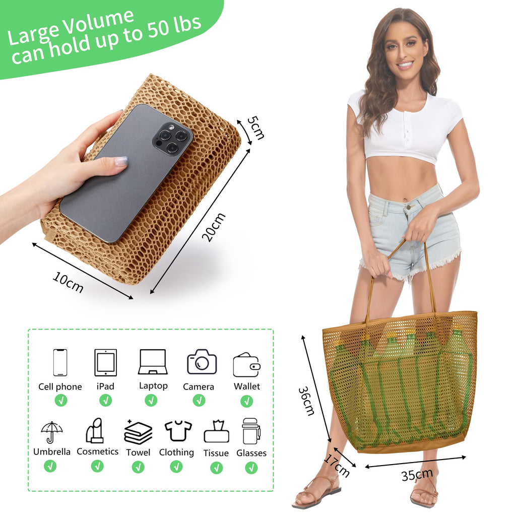 KALIDI Beach Nylon Mesh Tote Bag, Casual Tote Bag Hobo Women Foldable MAX 23L Shoulder Bag For Beach Picnic Vacation