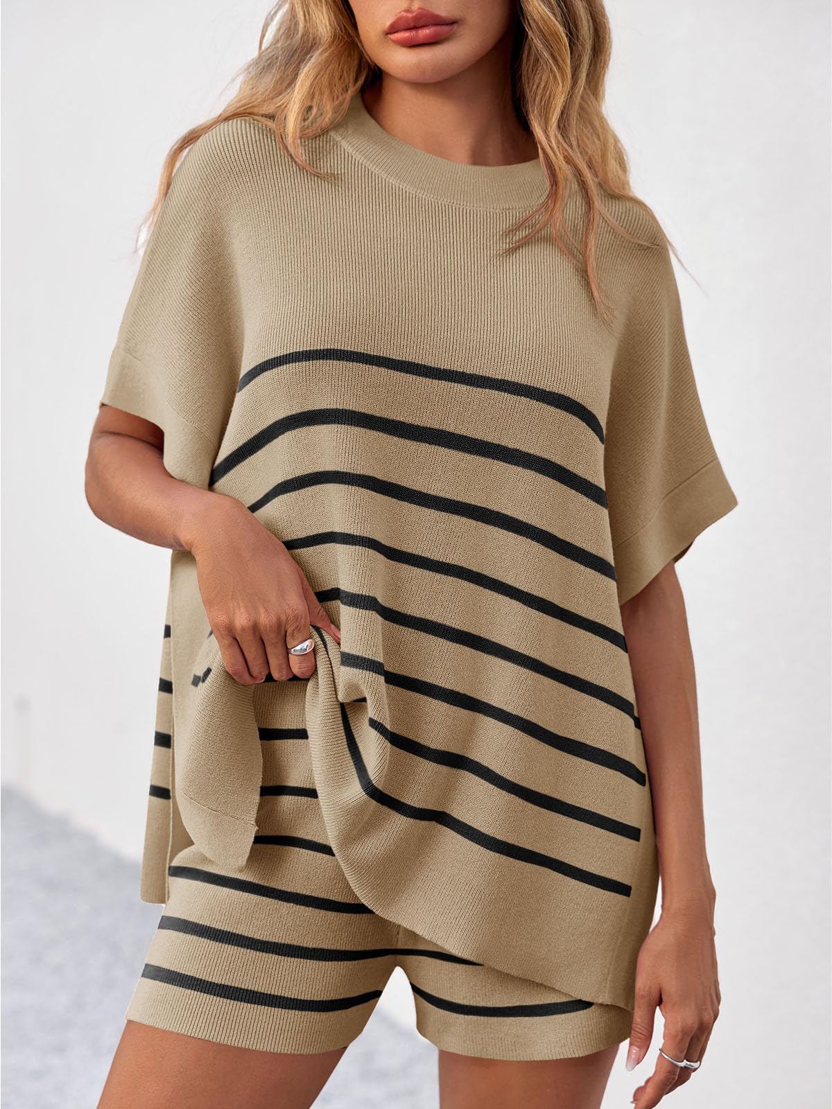 Fisoew Women's Striped 2 Piece Outfits Oversized Batwing Short Sleeve Tops High Waisted Shorts Summer Knit Lounge Short Sets