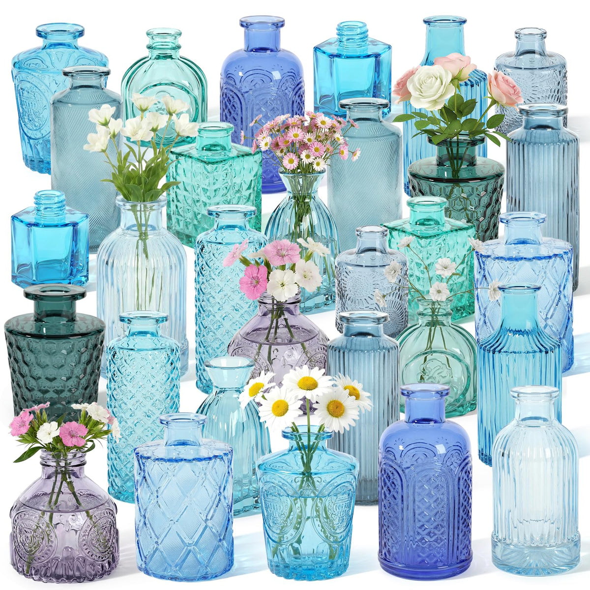 Set of 15 Colorful Glass Bud Vases - Small Textured Flower Vases for Centerpieces, Wedding Table Decor, Retro Home Decor Bulk Vase Set for DIY, Events & Gifts
