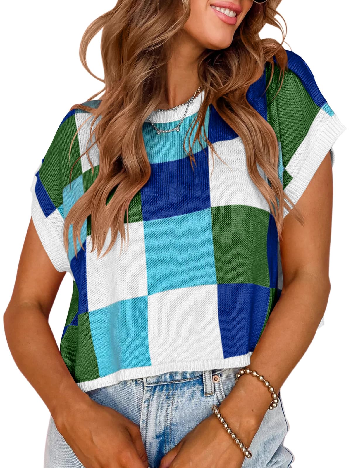 Saodimallsu Womens Cap Sleeve Crop Tops Summer Color Block Going Out Crew Neck Knit Trendy Casual Sweater