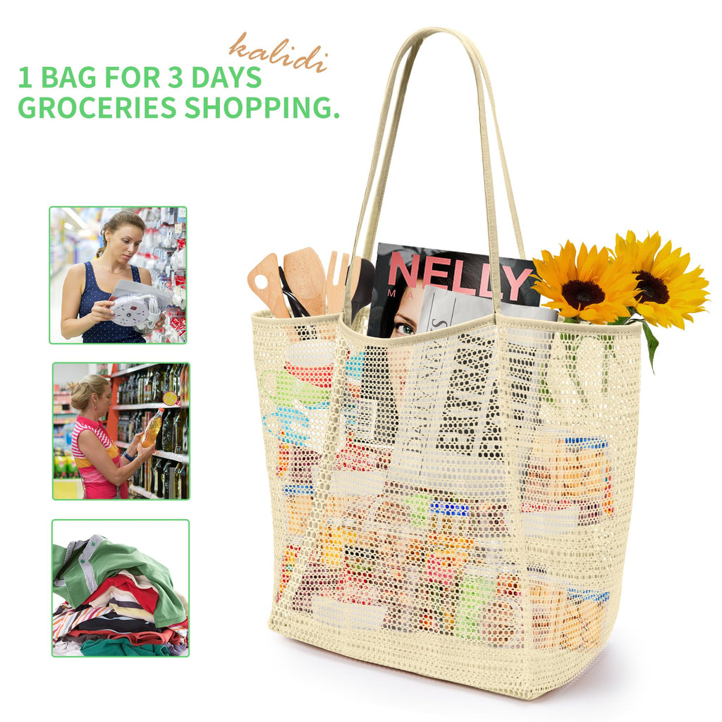 KALIDI Beach Nylon Mesh Tote Bag, Casual Tote Bag Hobo Women Foldable MAX 23L Shoulder Bag For Beach Picnic Vacation