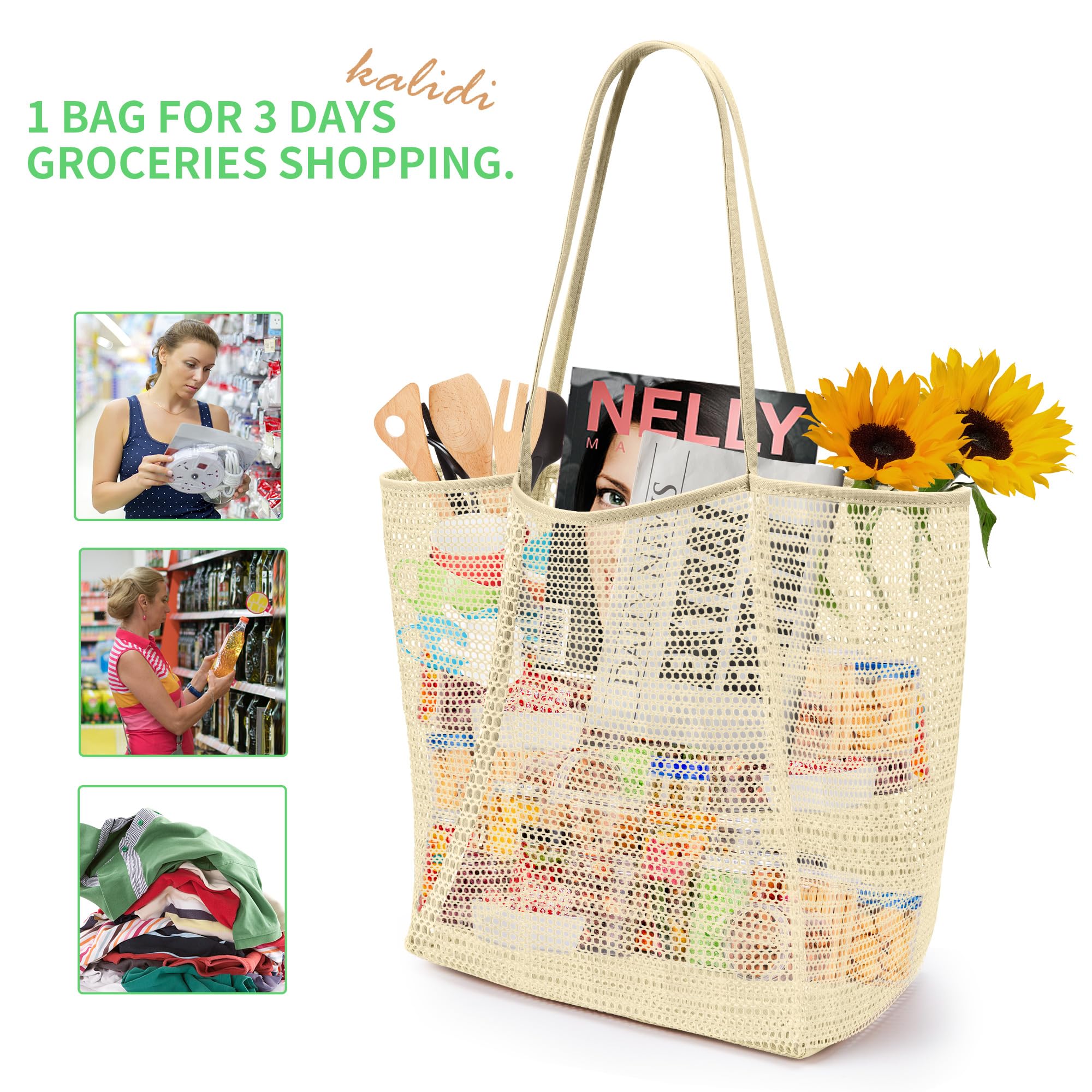 KALIDI Beach Nylon Mesh Tote Bag, Casual Tote Bag Hobo Women Foldable MAX 23L Shoulder Bag For Beach Picnic Vacation