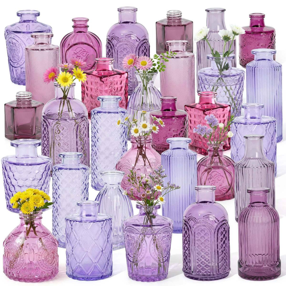 Set of 15 Colorful Glass Bud Vases - Small Textured Flower Vases for Centerpieces, Wedding Table Decor, Retro Home Decor Bulk Vase Set for DIY, Events & Gifts