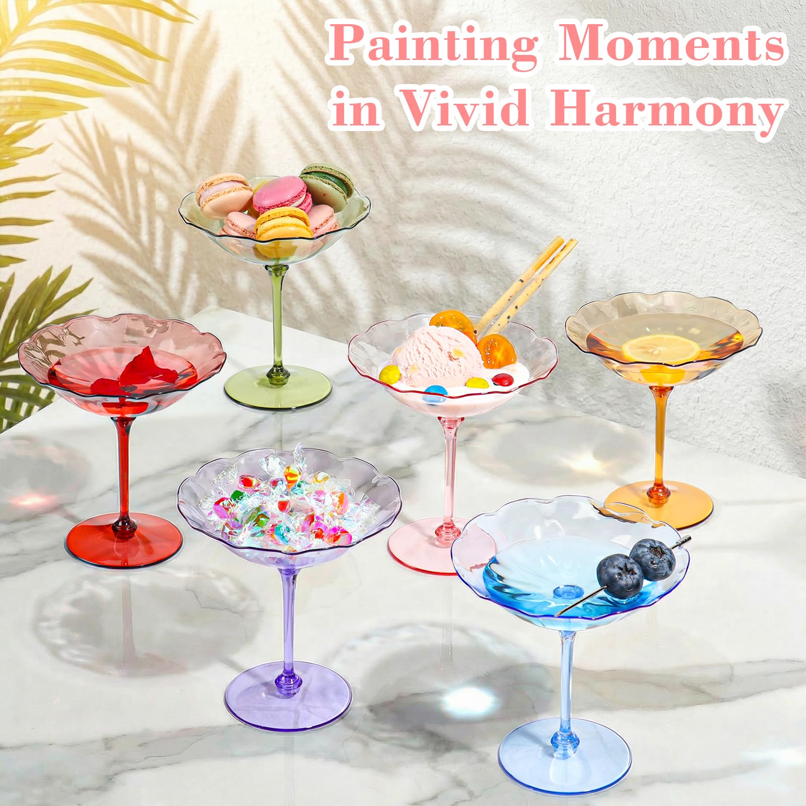 12 Pcs Colorful Plastic Martini Glasses 7oz Flower Cocktail Coupe Glasses 6 Color Disposable Martini Cup Vintage Detachable Dessert Parfait Glassware for Wedding Birthday Bachelorette Party
