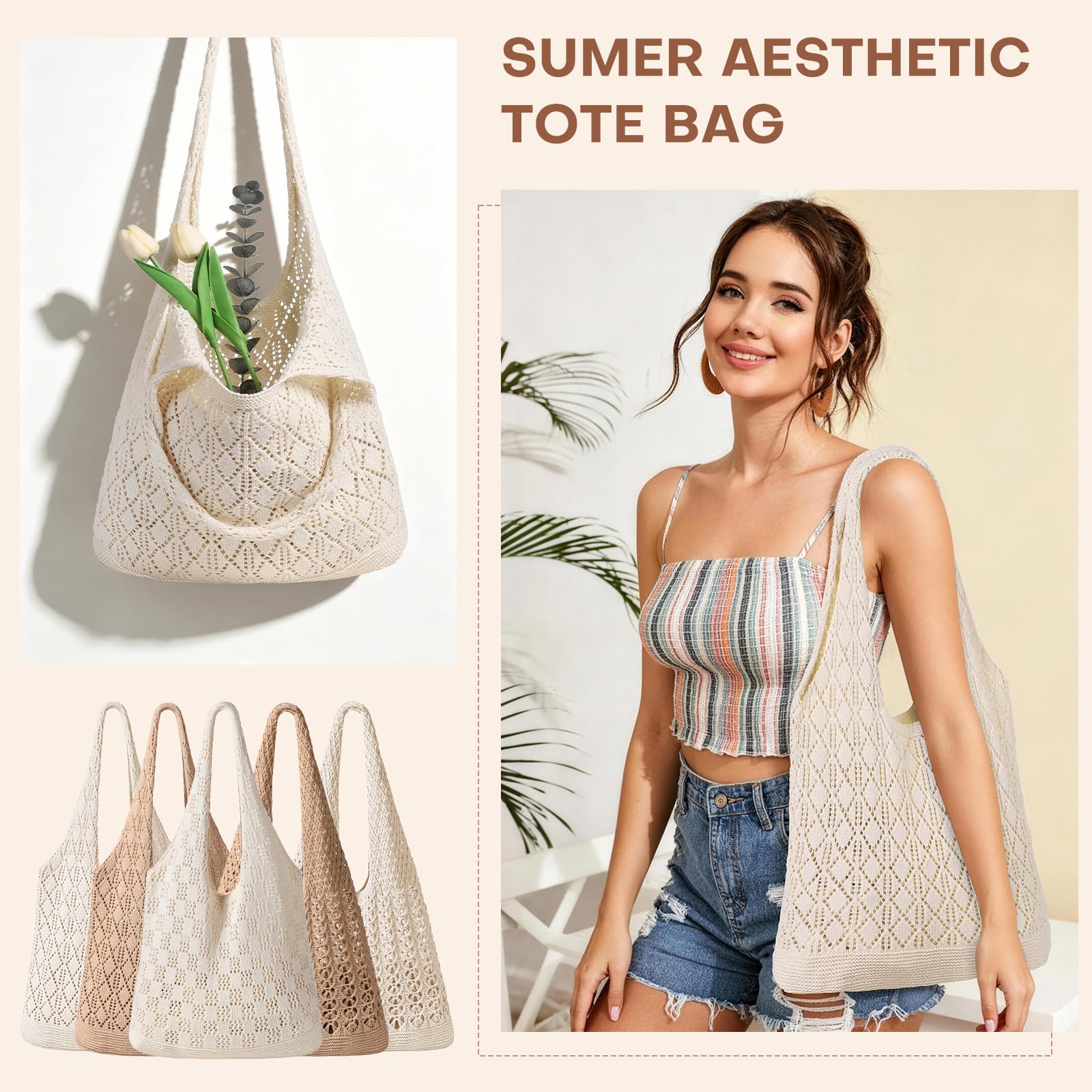 Sightor Crochet Tote Bag, Mesh Beach Bag Knit Summer Hobo Bag Vacation Boho Tote Bag for Women