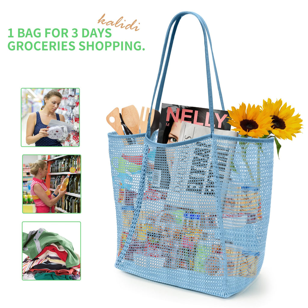 KALIDI Beach Nylon Mesh Tote Bag, Casual Tote Bag Hobo Women Foldable MAX 23L Shoulder Bag For Beach Picnic Vacation