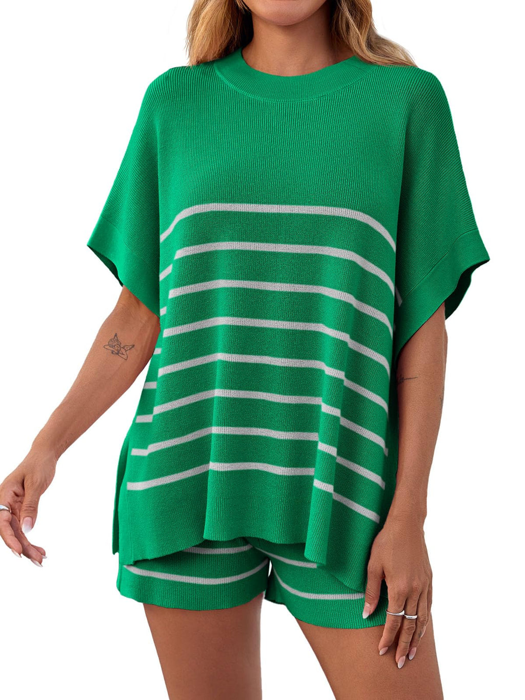 Fisoew Women's Striped 2 Piece Outfits Oversized Batwing Short Sleeve Tops High Waisted Shorts Summer Knit Lounge Short Sets