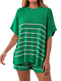 Fisoew Women's Striped 2 Piece Outfits Oversized Batwing Short Sleeve Tops High Waisted Shorts Summer Knit Lounge Short Sets