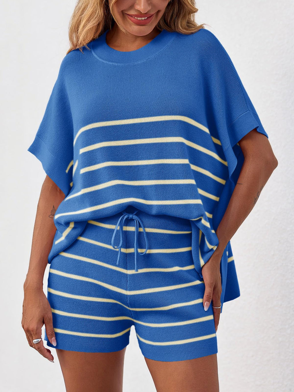 Fisoew Women's Striped 2 Piece Outfits Oversized Batwing Short Sleeve Tops High Waisted Shorts Summer Knit Lounge Short Sets