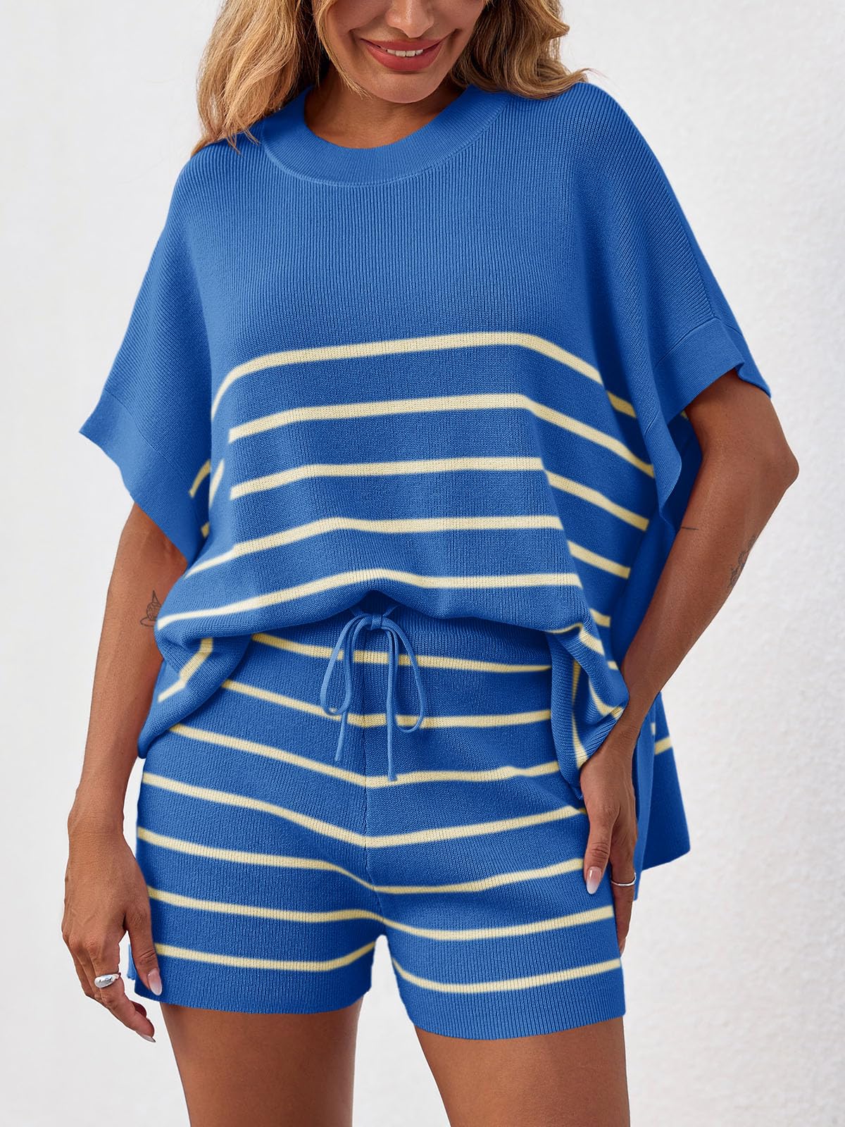 Fisoew Women's Striped 2 Piece Outfits Oversized Batwing Short Sleeve Tops High Waisted Shorts Summer Knit Lounge Short Sets