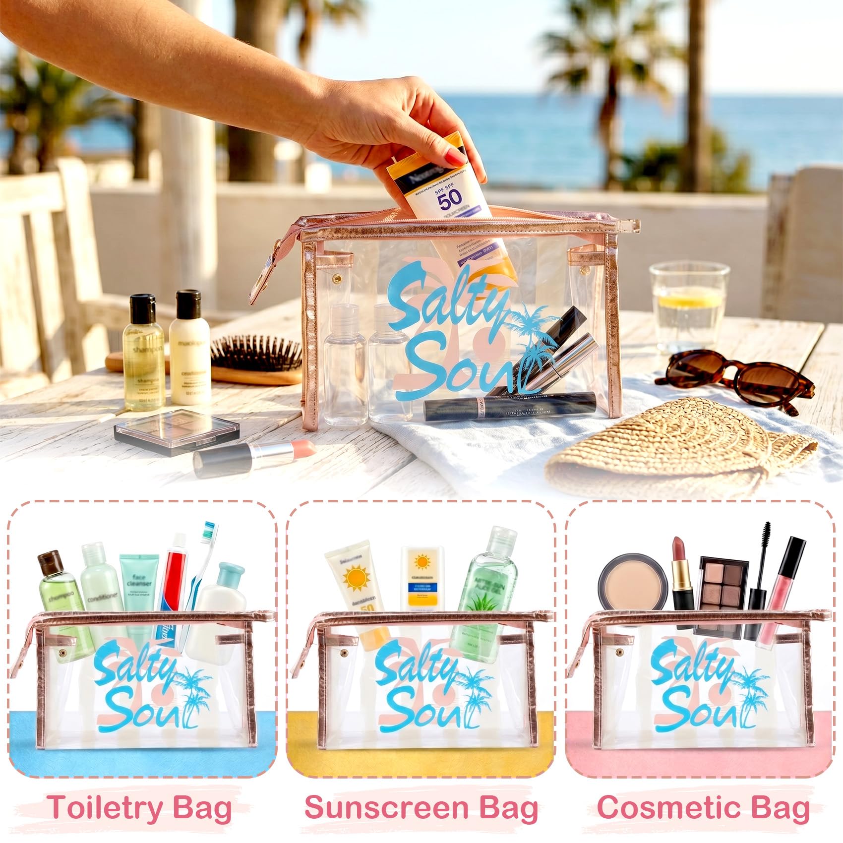 COSHAYSOO Sunscreen Bag Clear Makeup Toiletry Pouch Beach Vacation Essentials for Women Teen Girls Trip Gifts Summer Pool Travel Must Have Accessories Waterproof Stuff