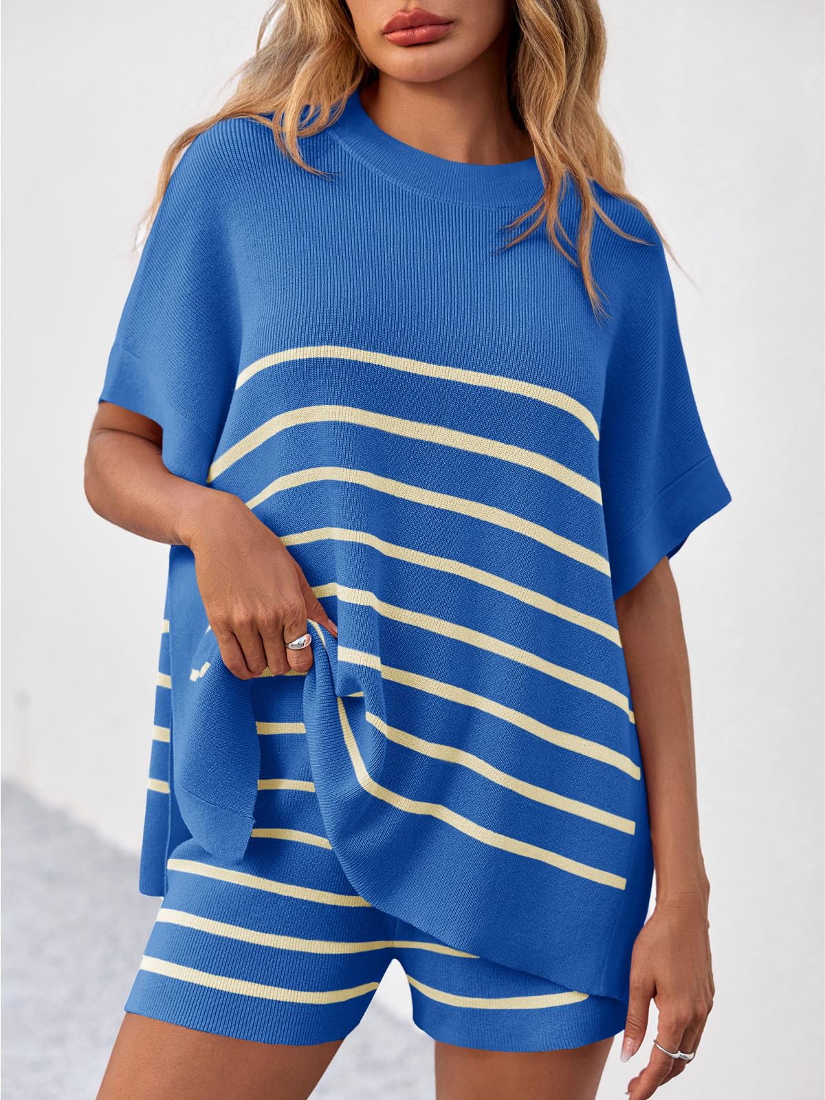 Fisoew Women's Striped 2 Piece Outfits Oversized Batwing Short Sleeve Tops High Waisted Shorts Summer Knit Lounge Short Sets