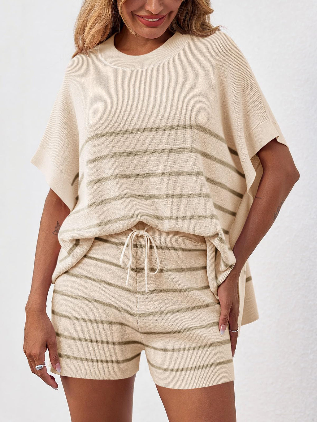 Fisoew Women's Striped 2 Piece Outfits Oversized Batwing Short Sleeve Tops High Waisted Shorts Summer Knit Lounge Short Sets
