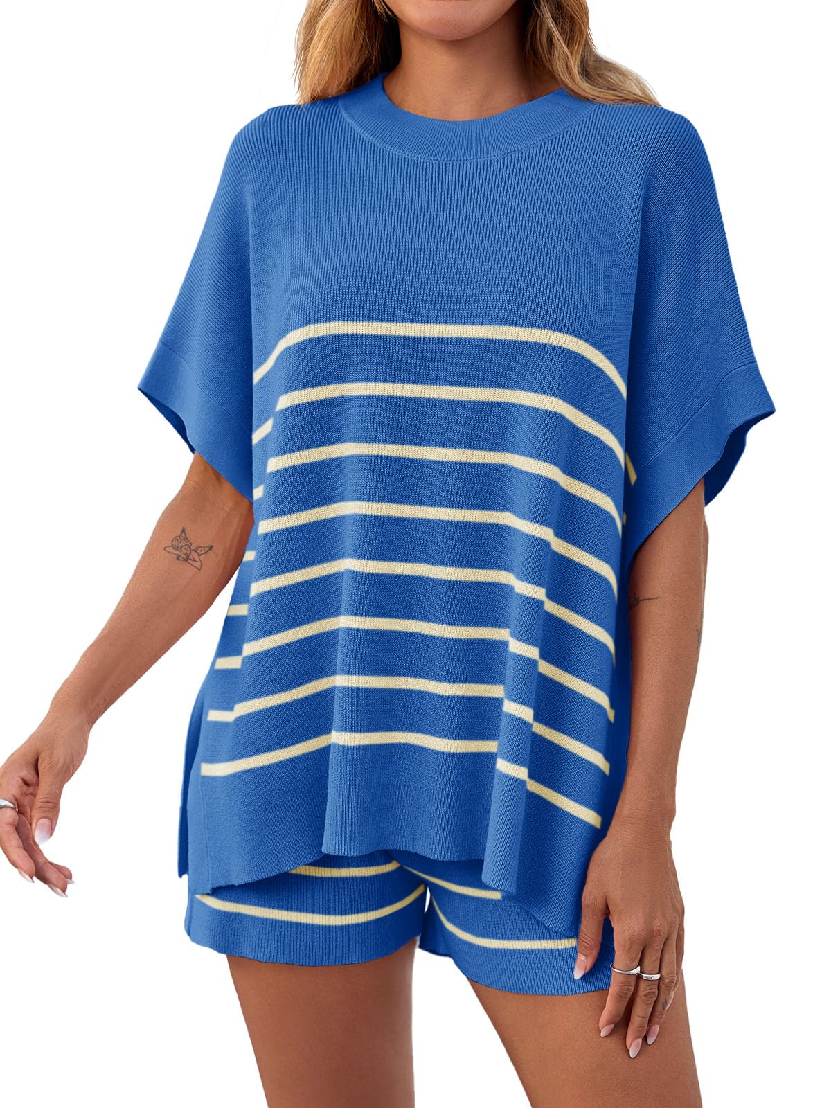 Fisoew Women's Striped 2 Piece Outfits Oversized Batwing Short Sleeve Tops High Waisted Shorts Summer Knit Lounge Short Sets