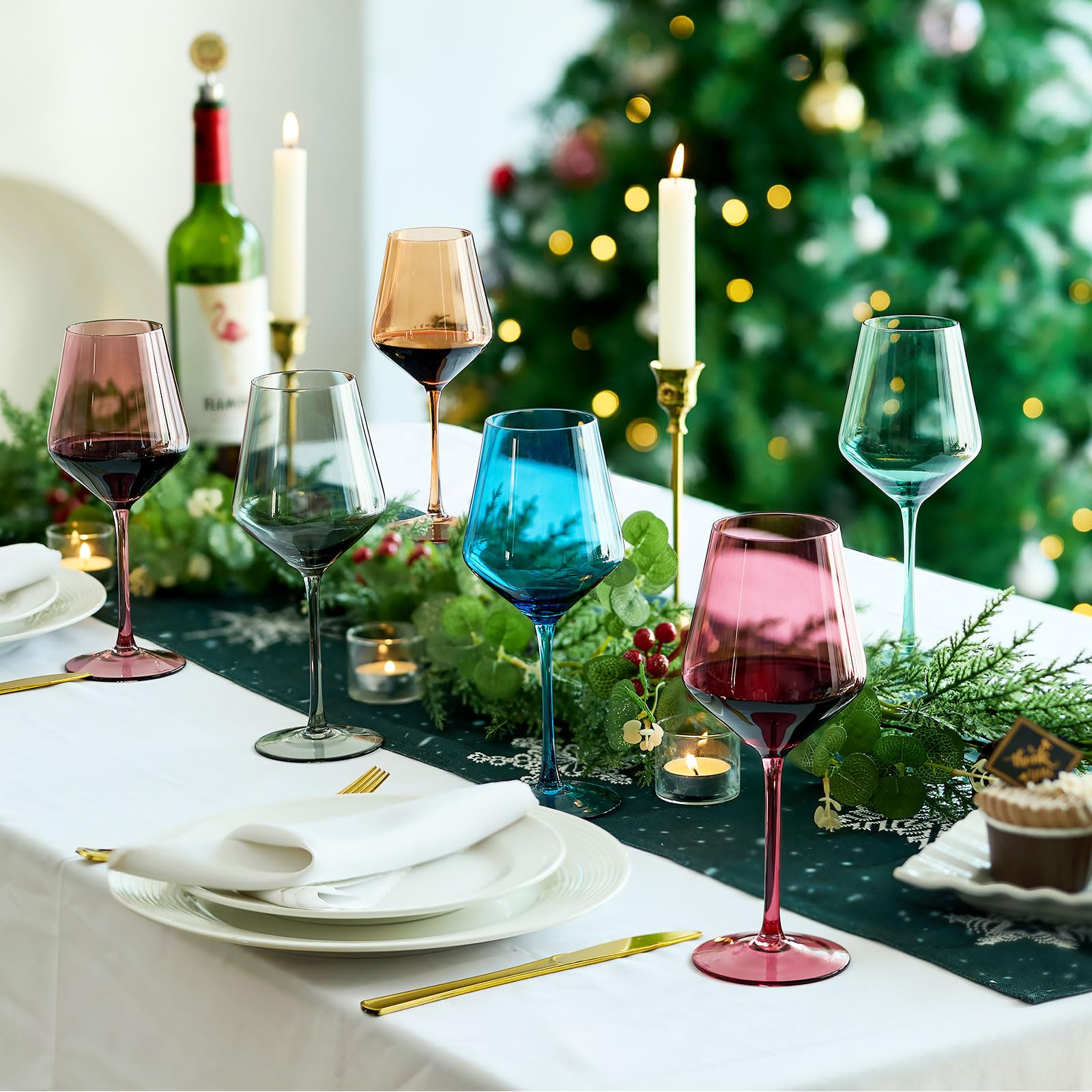 Stemmed Colored Wine Glasses: Set of 6 Cute 13.5oz Hand Blown Crystal Wine Glass with Long Stem for Birthday Party Fall Christmas Dinner Wedding Registry Gifts