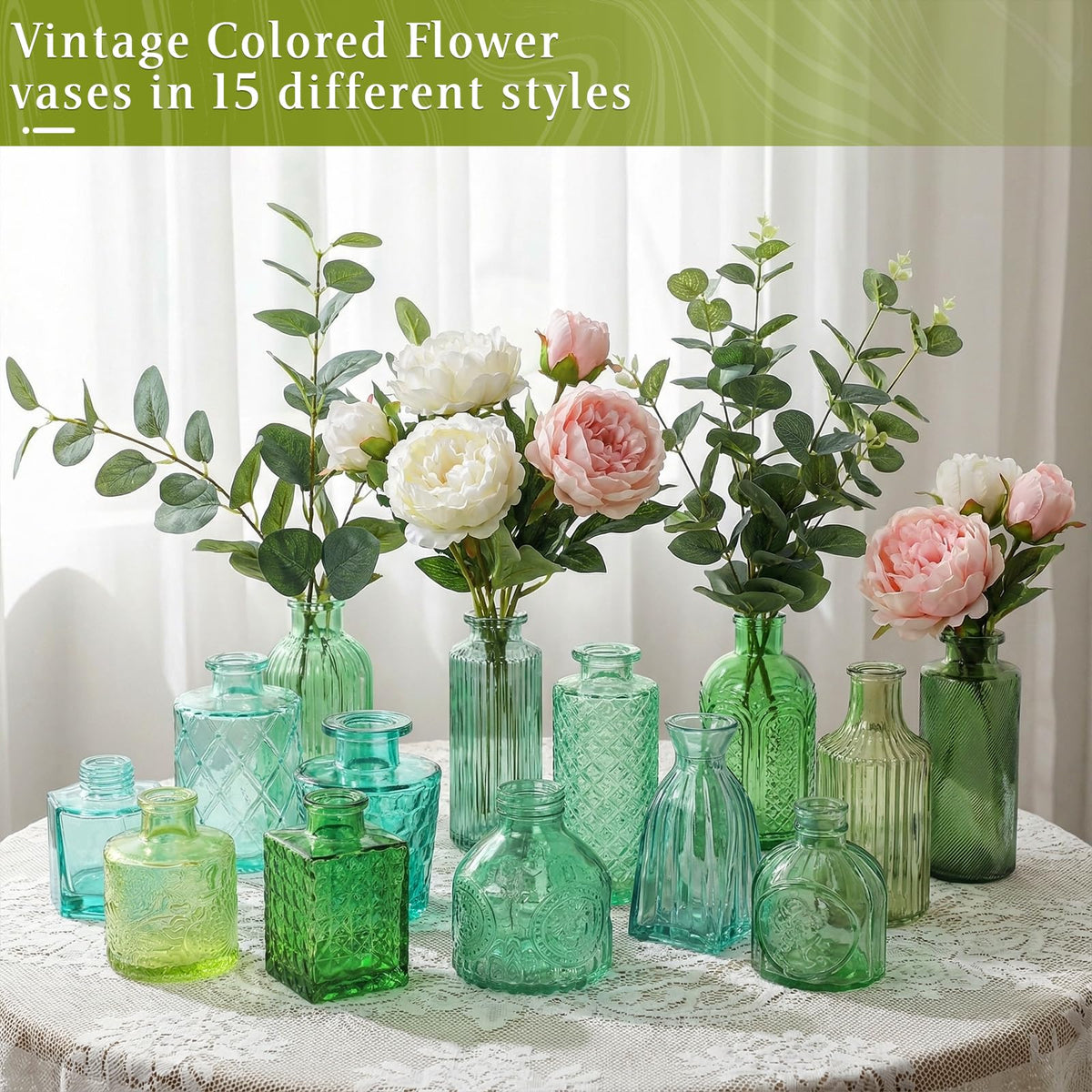 Set of 15 Colorful Glass Bud Vases - Small Textured Flower Vases for Centerpieces, Wedding Table Decor, Retro Home Decor Bulk Vase Set for DIY, Events & Gifts