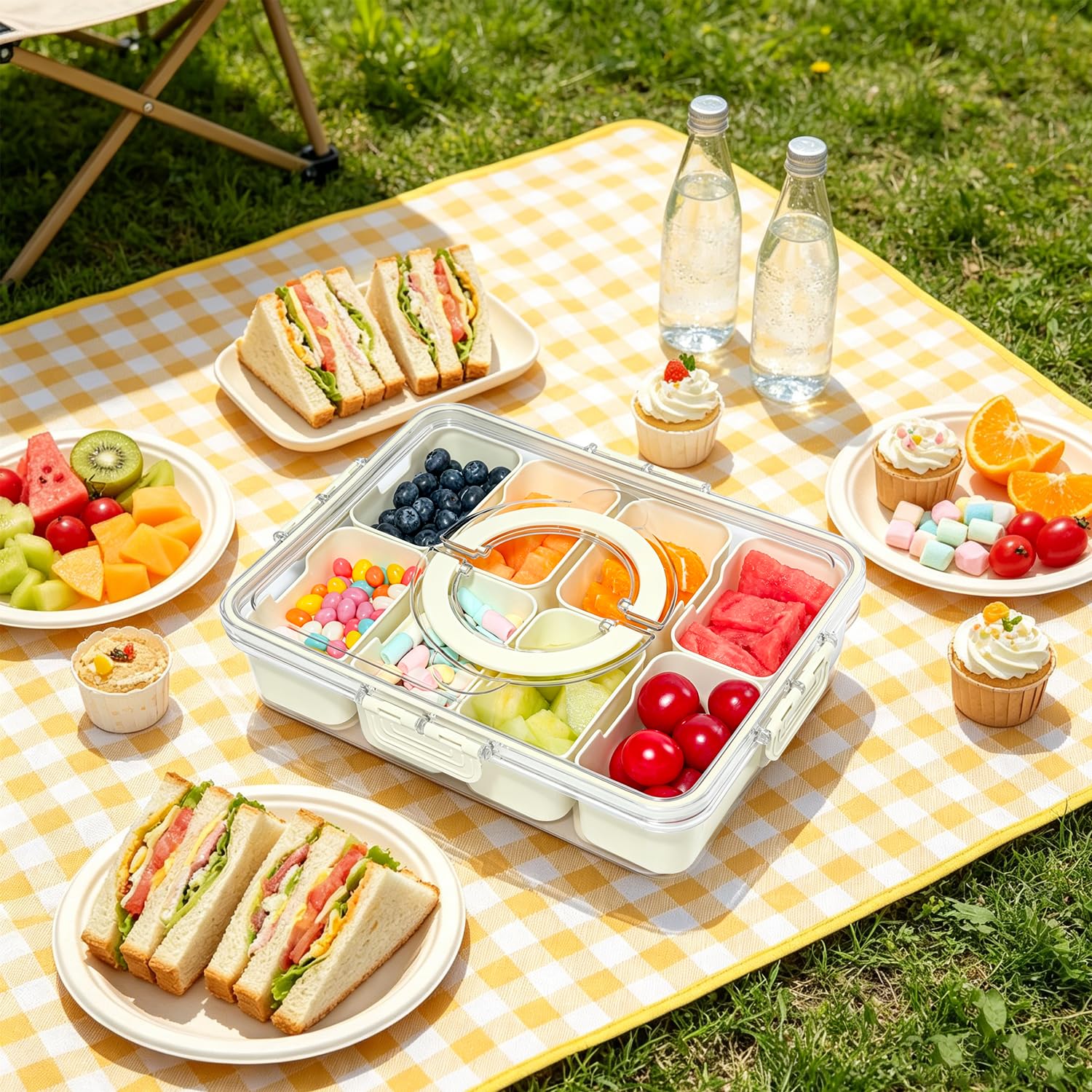HRXFOZ Divided Serving Tray with Lid and Handle,8 Compartments Snacks Box,Snack Fruit and Veggie Tray,Portable Platter for Candy Fruits Nuts Snack Party Entertaining Picnic (1 PCS)