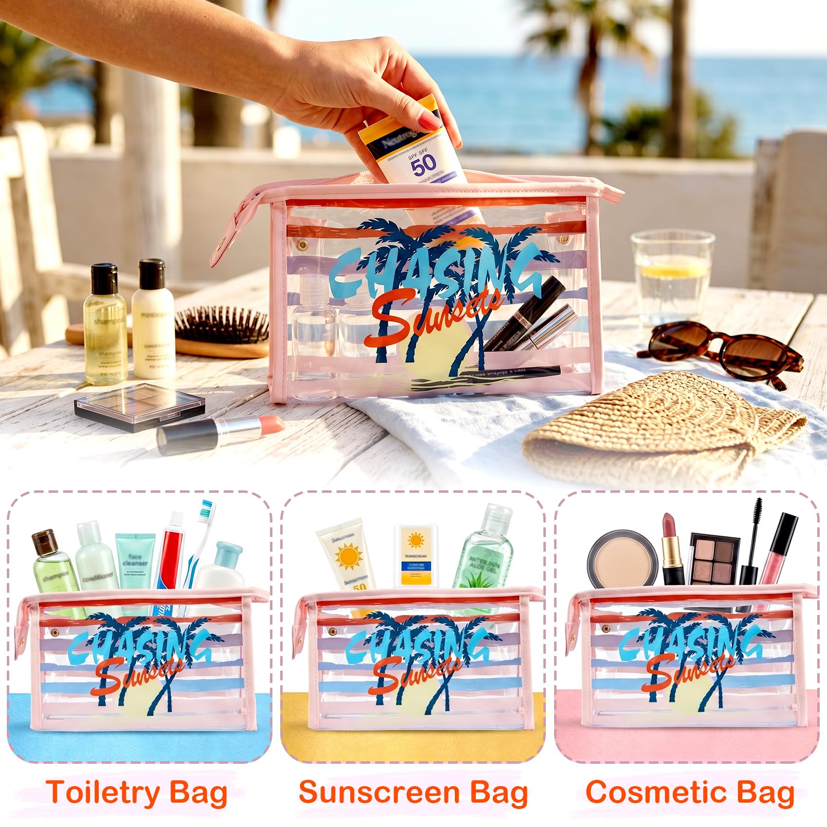 COSHAYSOO Sunscreen Bag Clear Makeup Toiletry Pouch Beach Vacation Essentials for Women Teen Girls Trip Gifts Summer Pool Travel Must Have Accessories Waterproof Stuff
