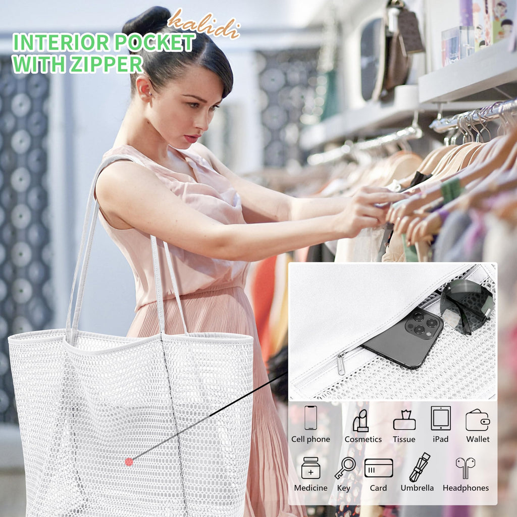 KALIDI Beach Nylon Mesh Tote Bag, Casual Tote Bag Hobo Women Foldable MAX 23L Shoulder Bag For Beach Picnic Vacation