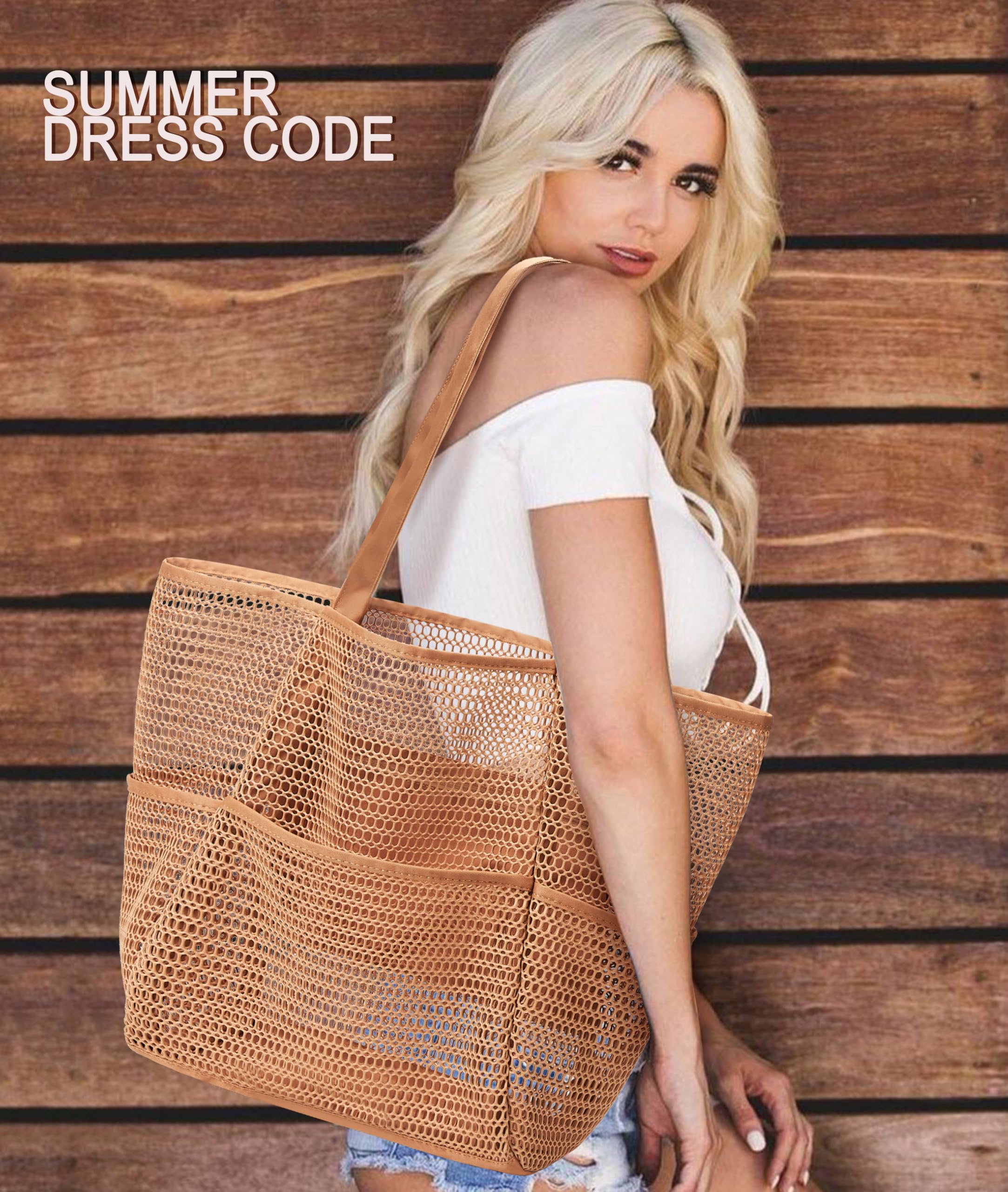 KALIDI Beach Nylon Mesh Tote Bag, Casual Tote Bag Hobo Women Foldable MAX 23L Shoulder Bag For Beach Picnic Vacation
