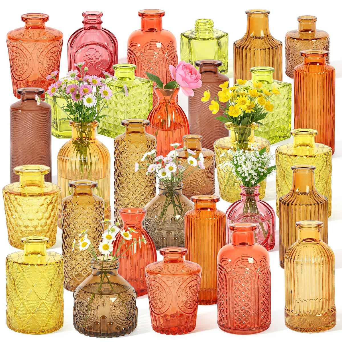 Set of 15 Colorful Glass Bud Vases - Small Textured Flower Vases for Centerpieces, Wedding Table Decor, Retro Home Decor Bulk Vase Set for DIY, Events & Gifts