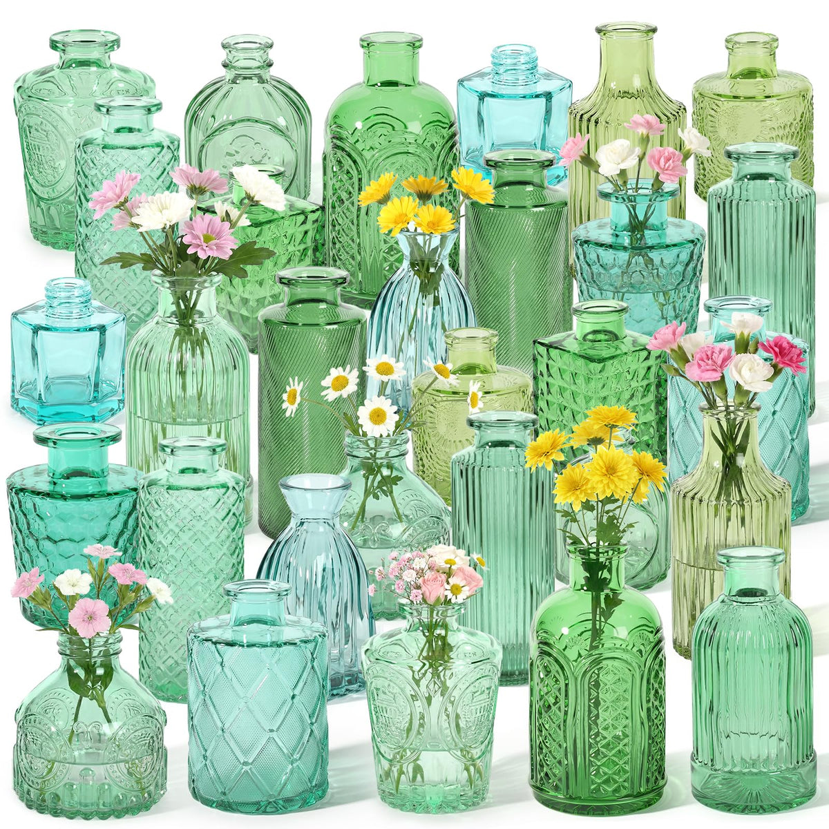 Set of 15 Colorful Glass Bud Vases - Small Textured Flower Vases for Centerpieces, Wedding Table Decor, Retro Home Decor Bulk Vase Set for DIY, Events & Gifts