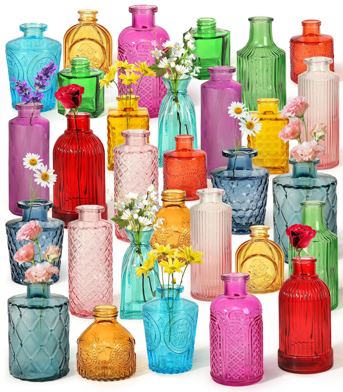 Set of 15 Colorful Glass Bud Vases - Small Textured Flower Vases for Centerpieces, Wedding Table Decor, Retro Home Decor Bulk Vase Set for DIY, Events & Gifts