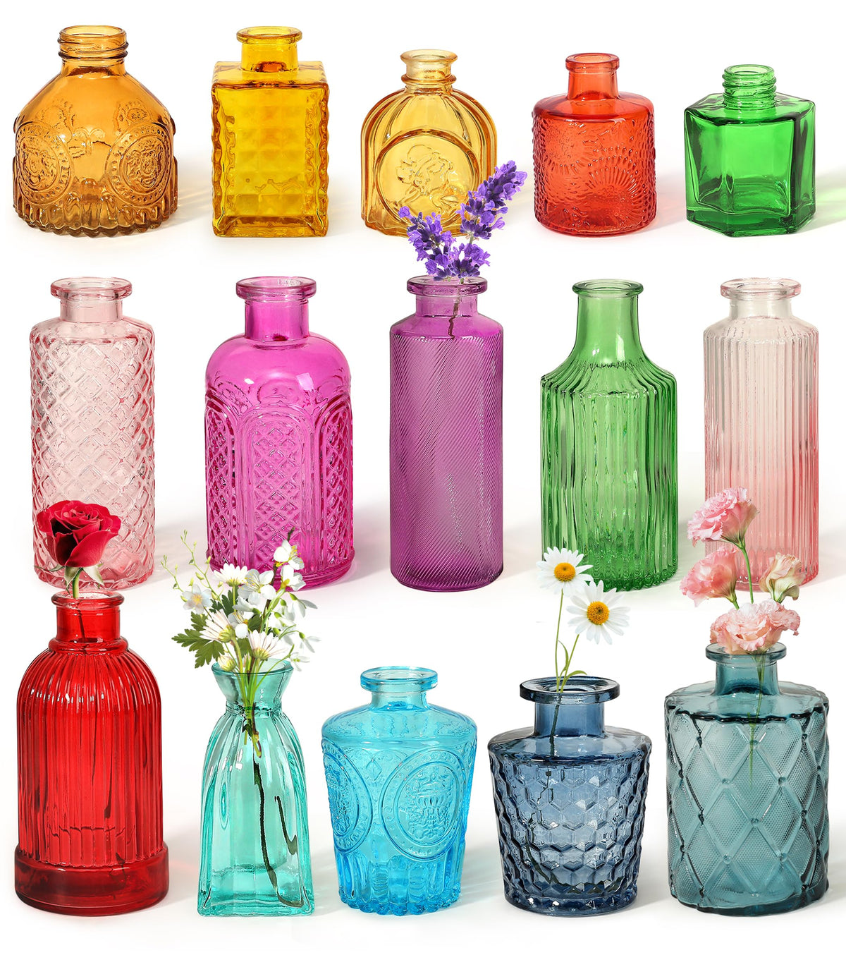 Set of 15 Colorful Glass Bud Vases - Small Textured Flower Vases for Centerpieces, Wedding Table Decor, Retro Home Decor Bulk Vase Set for DIY, Events & Gifts