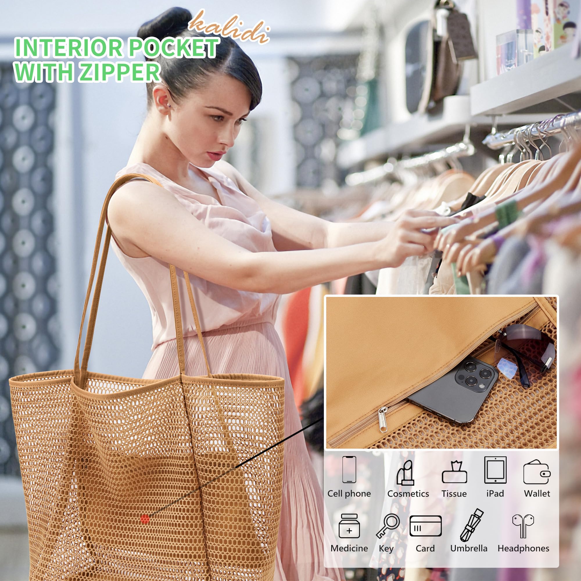 KALIDI Beach Nylon Mesh Tote Bag, Casual Tote Bag Hobo Women Foldable MAX 23L Shoulder Bag For Beach Picnic Vacation